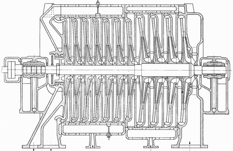 Turbocompressor with eleven radial stages and with casing cooling